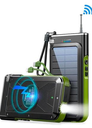 Портативное зарядное solar power bank fm радио wireless charger 20000mah pn-w26 ipx4 1xusb/type-c 15w/3a qi
