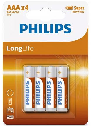 Батарейка philips r03l4b/10 aaa longlife zinc carbon вугільно-цинкова bli 4шт