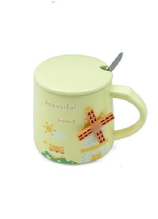 Чашка с крышкой и ложкой stenson yg01168 "sunny day" 380мл yellow