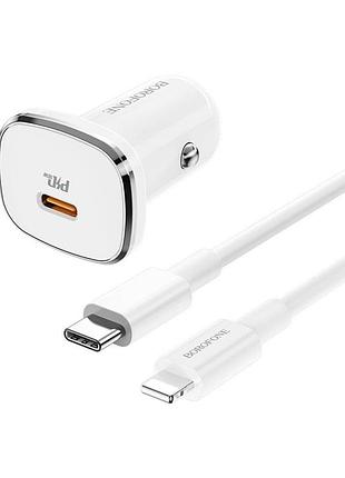 Автомобильное зу озу с кабелем type-c to lightning borofone bz12bclw(1type-c) 1m white qc 3.0