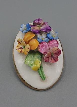 Винтажная цветочная брошка из костного фарфора, росписная вручную, выполненная в Англии, заколка середины века, глазированный керамический букет
