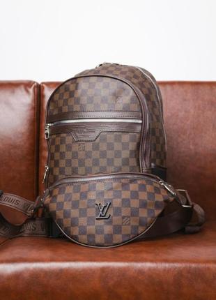 Комплект рюкзак + бананка louis vuitton коричнева клітка3 фото