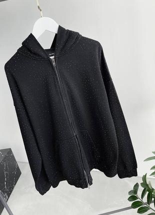 Кофта стиль balenciaga на застежке оверсайз с стразами и капюшоном
