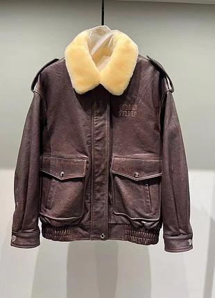 Куртка кожаная пилот дубленка в стиле miu miu