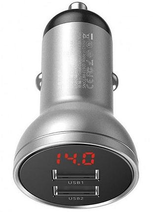 Автомобільний зарядний пристрій baseus ccbx-0s 2xusb 24w usb-a qc 3.0/digital display срібна