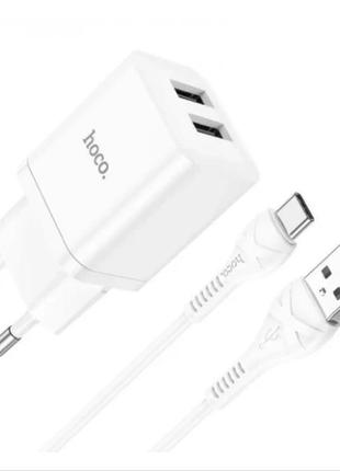 Зарядний пристрій мпз з кабелем usb to lightning hoco n25 maker 35w (2 usb) white