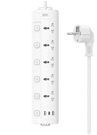 Подовжувач мережевий xo wl19 5 розеток, 2usb type-c 10a 250v 2м білий