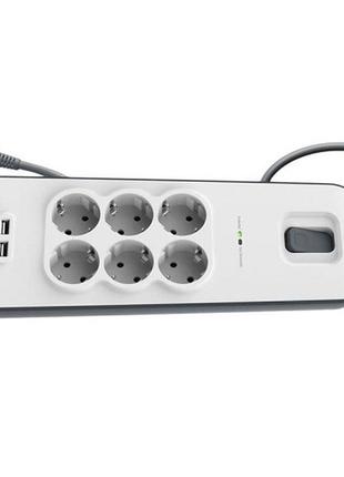Удлинитель сетевой belkin bsv604vf2m 6хтип f 2xusb-a 2.4a 16а с защитой от перенапряжения 2м