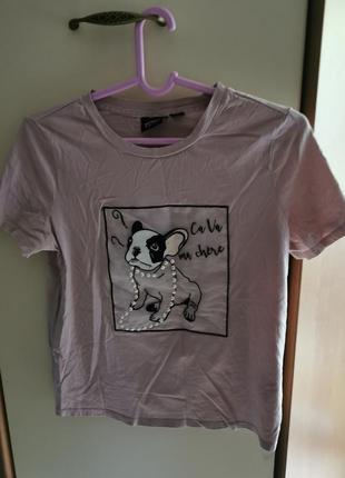 Футболка нарядная, аппликация, огранза, бусины, вышивка с бульдогом