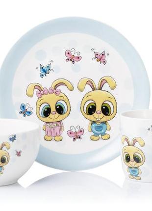 Набір порцелянового дитячого посуду ardesto bunnies на 3 предмети (ar3456bs)