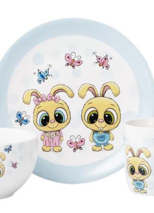 Набір порцелянового дитячого посуду ardesto bunnies на 3 предмети (ar3456bs)2 фото