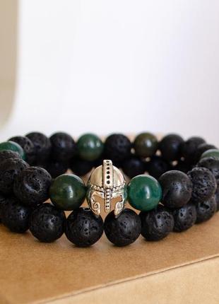 Мужские браслеты из натуральных камней ( зеленый агат и лава)