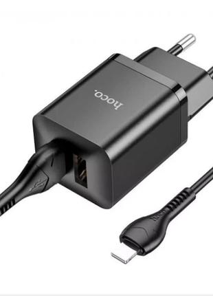 Зарядний пристрій мпз з кабелем usb to lightning hoco n25 maker 35w (2 usb) black