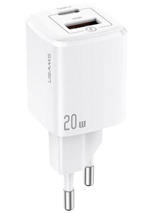 Адаптер мережевий usams t37 super si fast charger us-cc128 1usb/1type-c, 20w, pd3.0/qc|