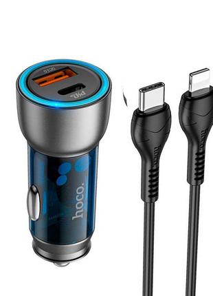 Адаптер автомобільний hoco type-c lightning cable sprinter dual port car charger nz8 |1usb/1type-c, qc/pd, 43w/3a| blue