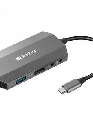 Док-станція usb3.1 type-c sandberg 136-33 hdmi/usb 3.0x2/rj45/sd/tf/pd 100w 6in1 grey