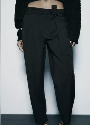 Zara black tie waist trousers paper bag pants. женские брюки zara