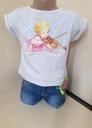 Летний костюм для девочки подростка джинсовые шорты футболка ангел 116 122 128 13410 фото