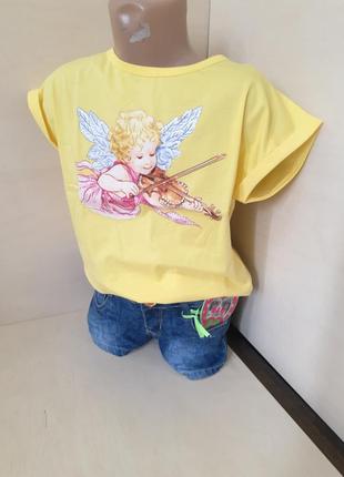 Летний костюм для девочки подростка джинсовые шорты футболка ангел 116 122 128 1343 фото