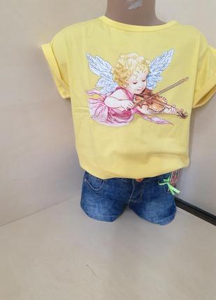Летний костюм для девочки подростка джинсовые шорты футболка ангел 116 122 128 134