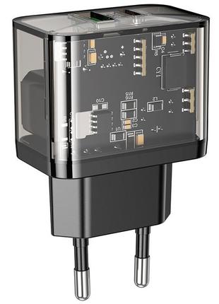 Мережевий зарядний пристрій hoco dazzling dual-port n34 usb/1type-c 20w/3a