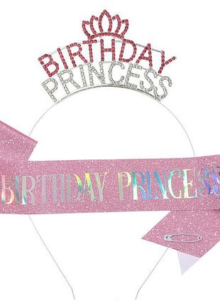 12-210 набір стрічка через плече та обруч тіара birthday princess набор на день рождения