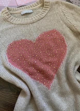 Бежевый свитер с розовым сердцем с камушками сердце вязаный джемпер размер xs s m3 фото