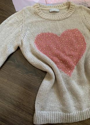 Бежевый свитер с розовым сердцем с камушками сердце вязаный джемпер размер xs s m4 фото