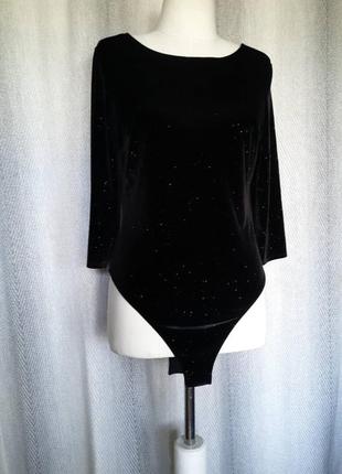 Нарядная черная блестящая велюровая боди-блузка