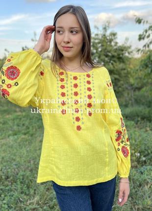 Блуза ласкает желтая, галерея льна, льняная рубашка, блузка 40-52рр.