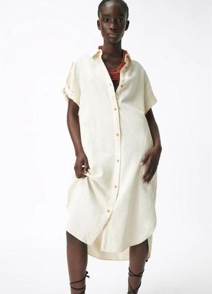 Zara 🤍 льняное платье рубашка миди oversize платье светлый лен + хлопок