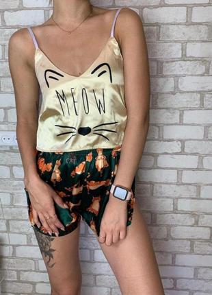 Атласная пижама котики пижамка шорты топик сексуальная пижама с котиками meow