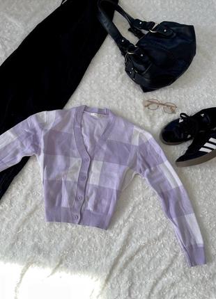 Кардиган бузковий білий у клітинку укорочений лавандовий