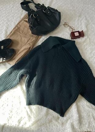 Светр оверсайз вʼязаний вʼязка смарагдовий бутилочний old money з коміром