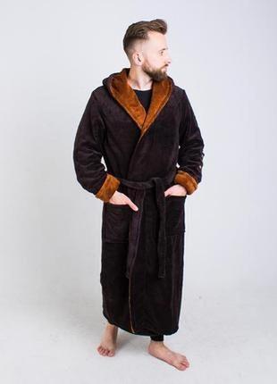 Шоколадный теплый длинный махровый/плюш халат с капюшоном на запах s-6xl. есть цвета2 фото