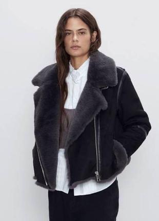 Черная замшевая дубленка zara- xs,s. короткая куртка авиатор теплая косуха