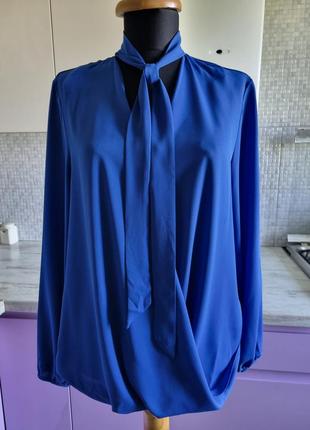 Новая синяя шифоновая свободная удлиненная блузка на запах с галстуком галстуком завязками 14 l xl dorothy perkins