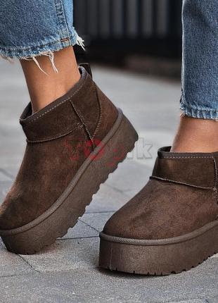 Уггі жіночі зимові короткі коричневі, міні уги на платформі, угги женские зимние...