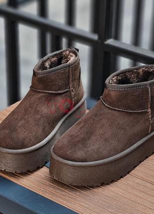 Уггі жіночі зимові короткі коричневі, міні уги на платформі, угги женские зимние...