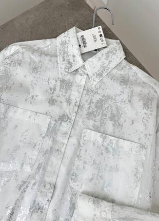 Белая рубашка с металлическим напылением zarа, 100% хлопок3 фото
