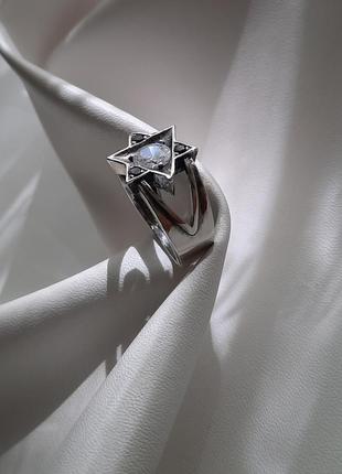 🫧 ✡ 18.5 размер кольцо серебро звезда давида перстень цирконий белый чёрный печать соломона перстень печатка5 фото