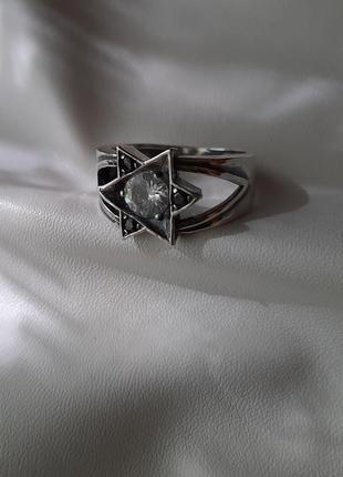 🫧 ✡ 18.5 размер кольцо серебро звезда давида перстень цирконий белый чёрный печать соломона перстень печатка3 фото
