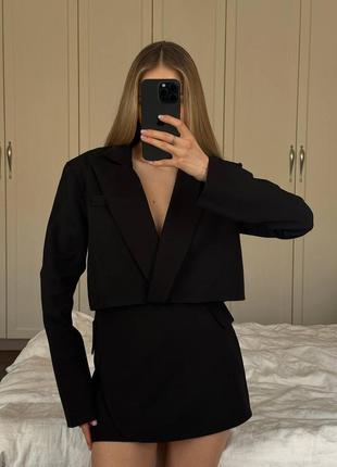 Чорний піджак двійка укорочений піджак та коротка міні спідниця2 фото