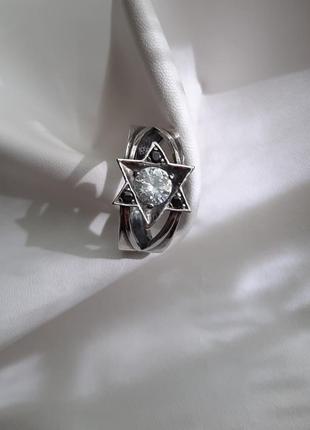 🫧 ✡ 18.5 размер кольцо серебро звезда давида перстень цирконий белый чёрный печать соломона перстень печатка6 фото