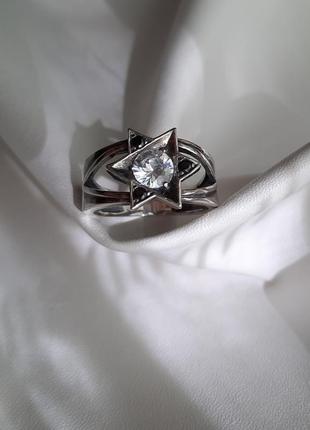 🫧 ✡ 18.5 размер кольцо серебро звезда давида перстень цирконий белый чёрный печать соломона перстень печатка7 фото