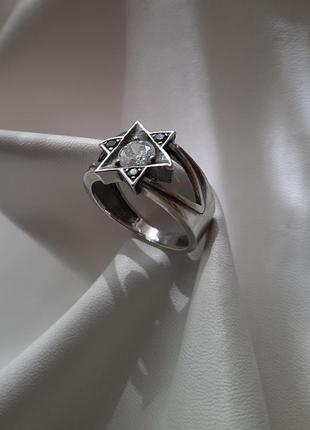 🫧 ✡ 18.5 размер кольцо серебро звезда давида перстень цирконий белый чёрный печать соломона перстень печатка2 фото