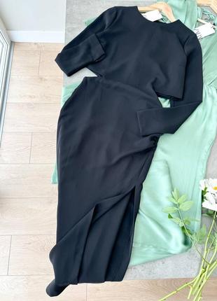 Черное платье миди с разрезами на талии zara, ткань костюмная4 фото