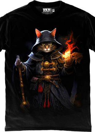 Футболка кот маг колдун - cat mage - 9000235-black черная футболка унисекс