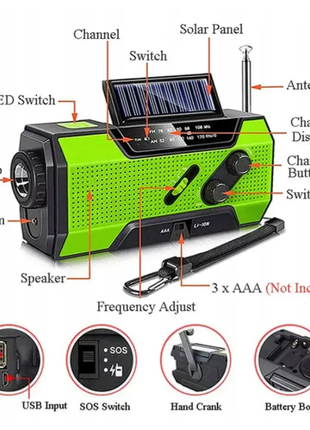 Радио динамо с фонарем на солнечной батарее повербанк, фонарь 5 в 1