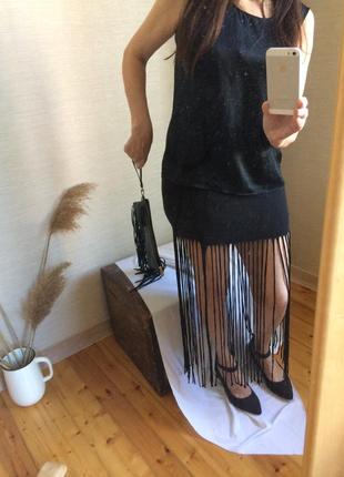 Летняя чёрная юбка миди с бахромой2 фото
